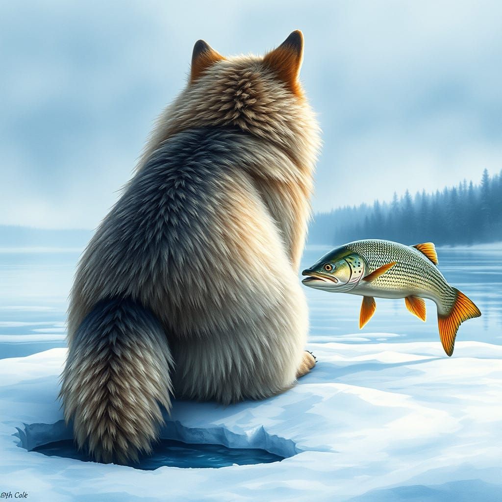 Wolf Contemplates Winter Wonderland with Surprised Pike