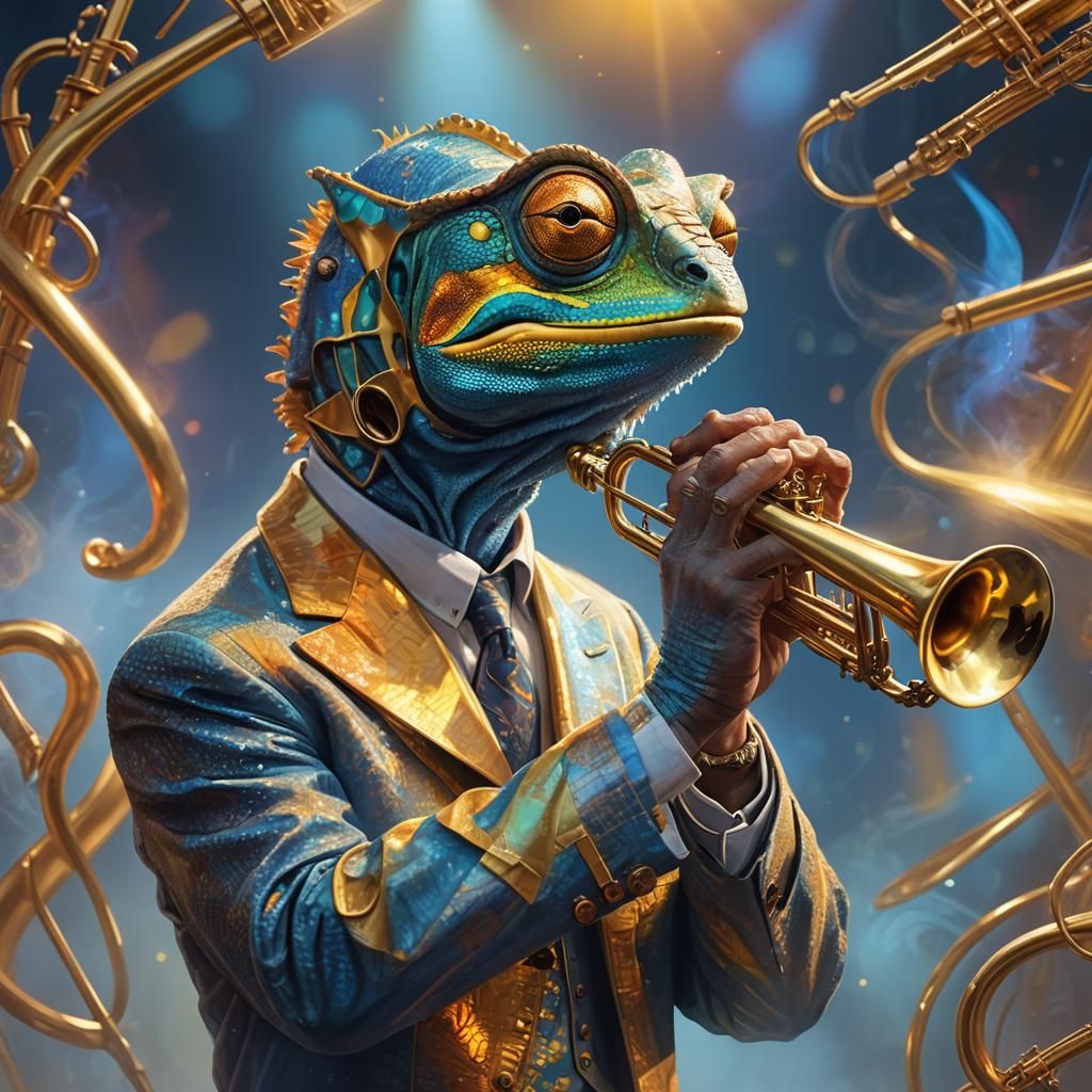 Anthropomorphic Chameleon Hologram Jazz Portrait in Golden L...