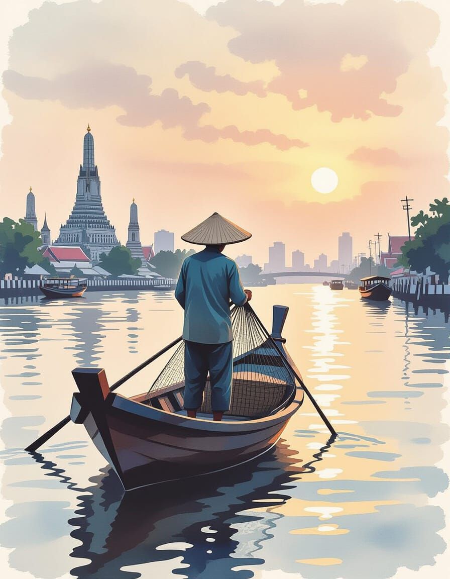 Fisherman on Chao Phraya River at Dawn