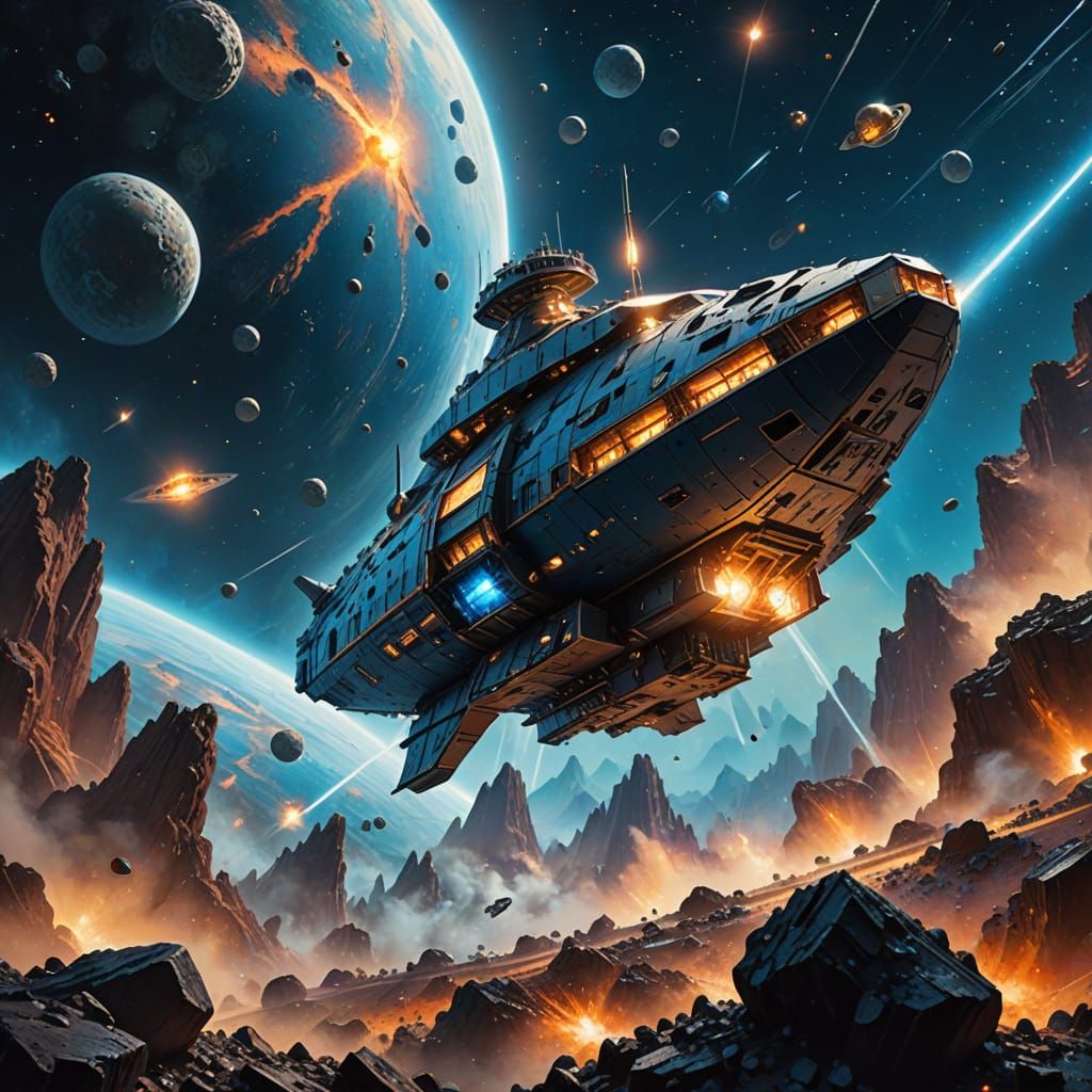 Spaceship in Asteroid Belt, Kinkade Style