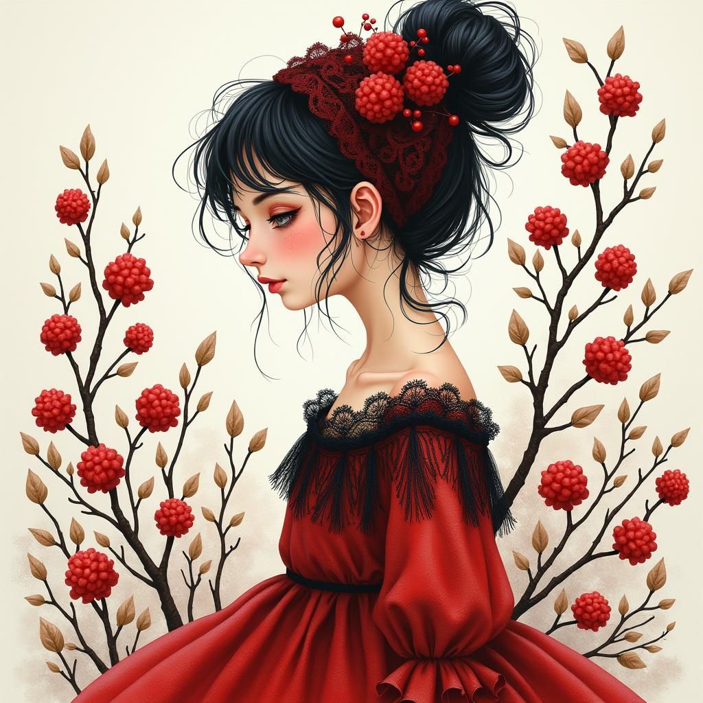 Whimsical Country Lady in Watercolor Style