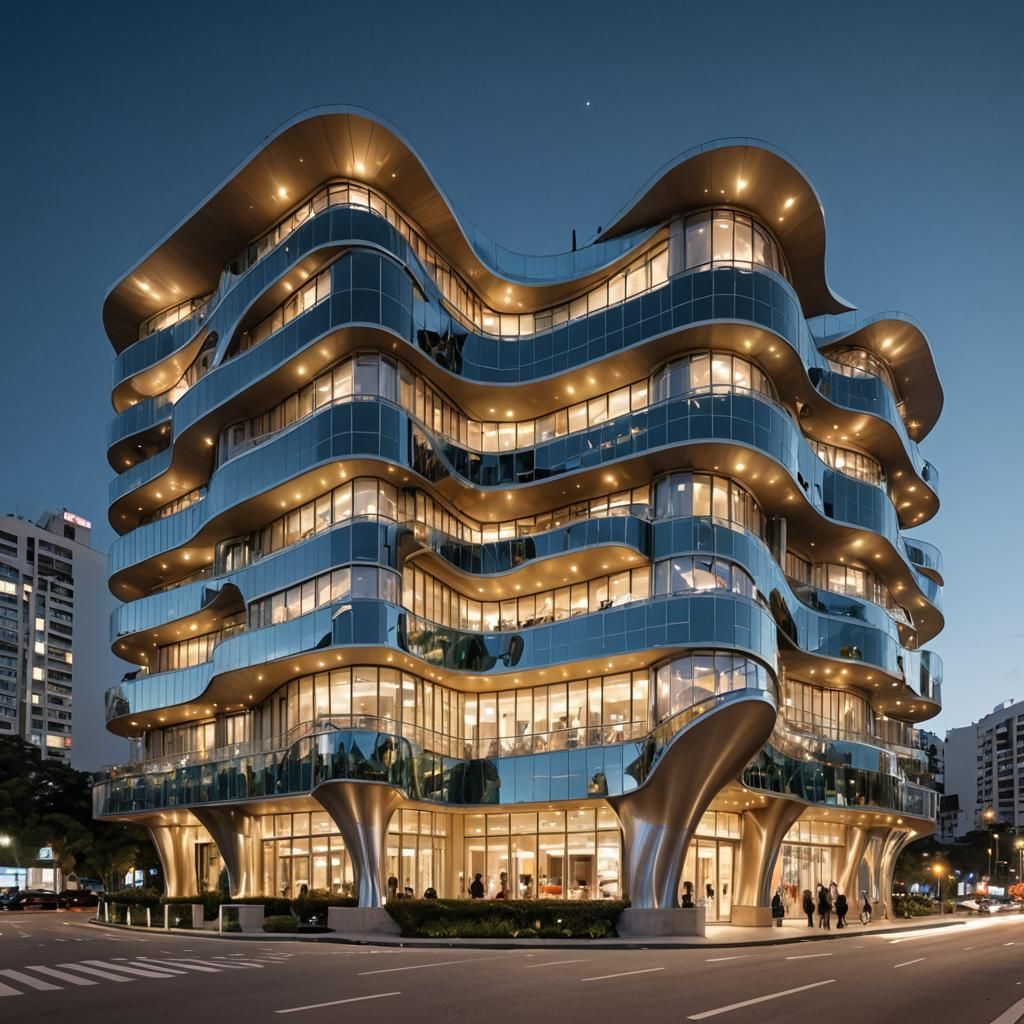 Ultramodern Wave-Shaped Apartment Complex at Night
