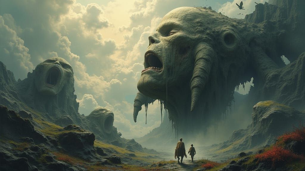 Colossal Stone Giants in Stormy Sky Concept Art