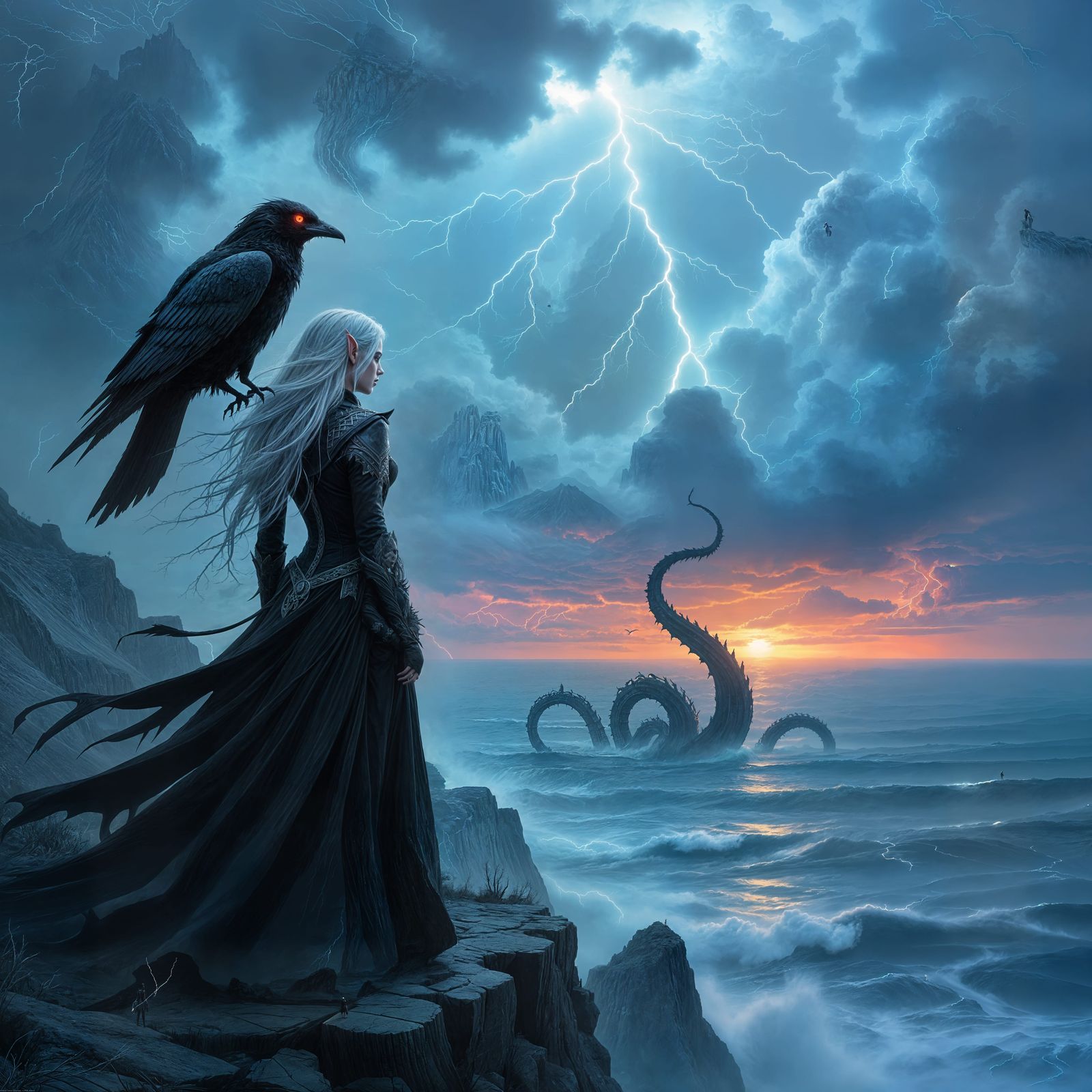 Gothic Elf Faces Kraken on Stormy Cliff