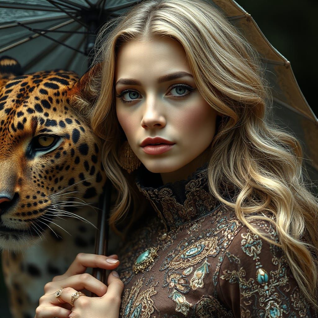 Woman With Leopard in Rain, Ornate Gown