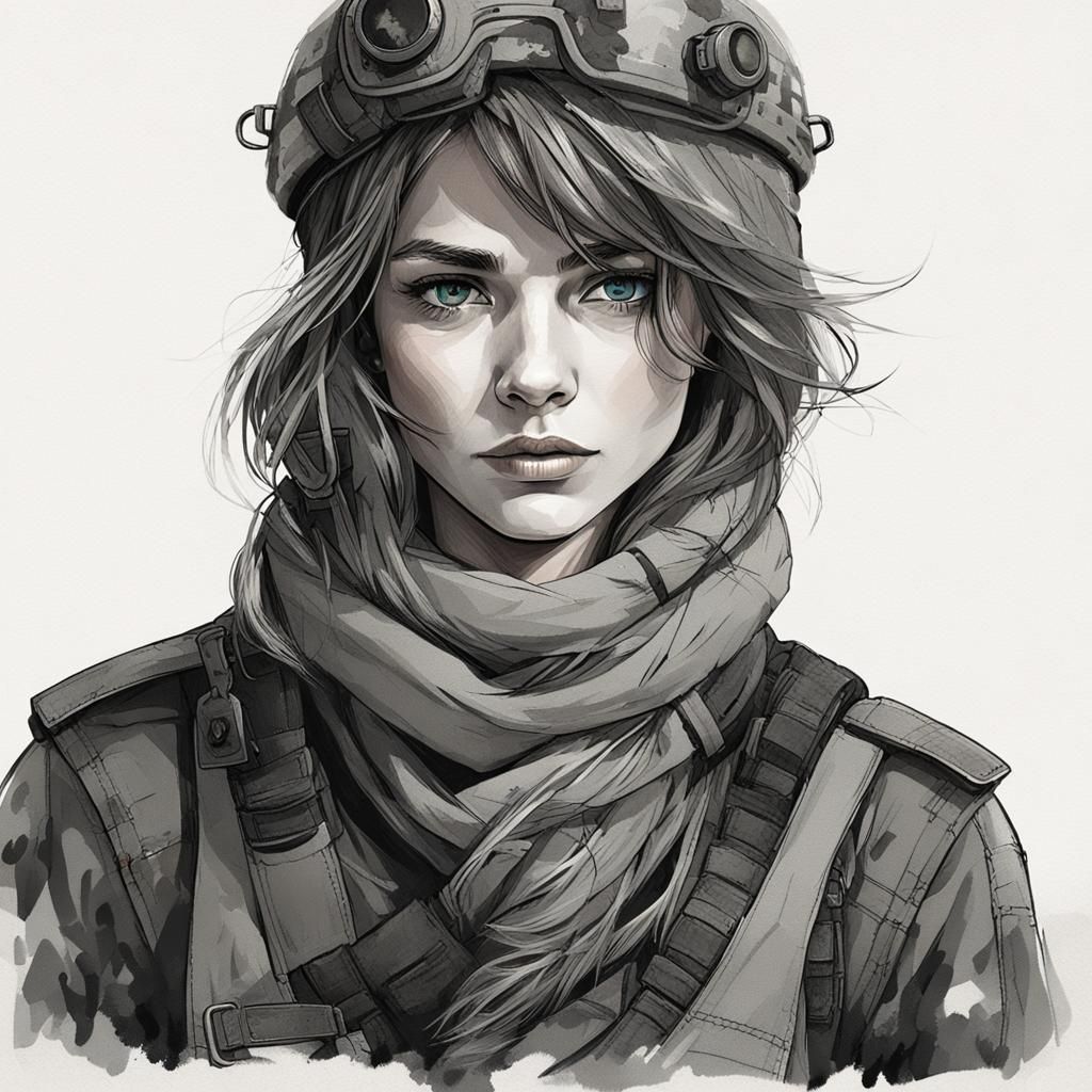 a close up of a woman with a scarf on her head, beautiful female soldier, portrait of soldier girl, portrait of a female...