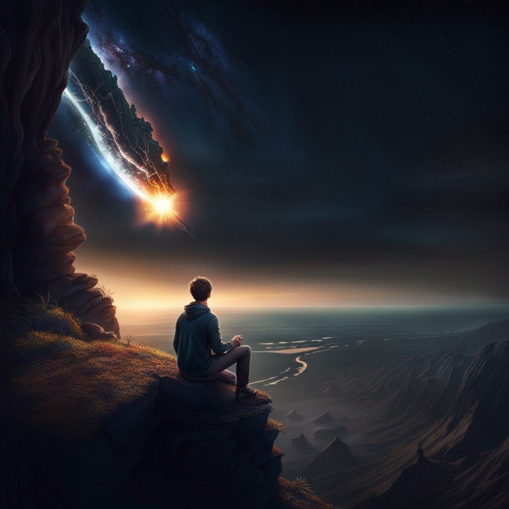 Meteor Strike: Cliffside Witness in Hyperrealistic Detail