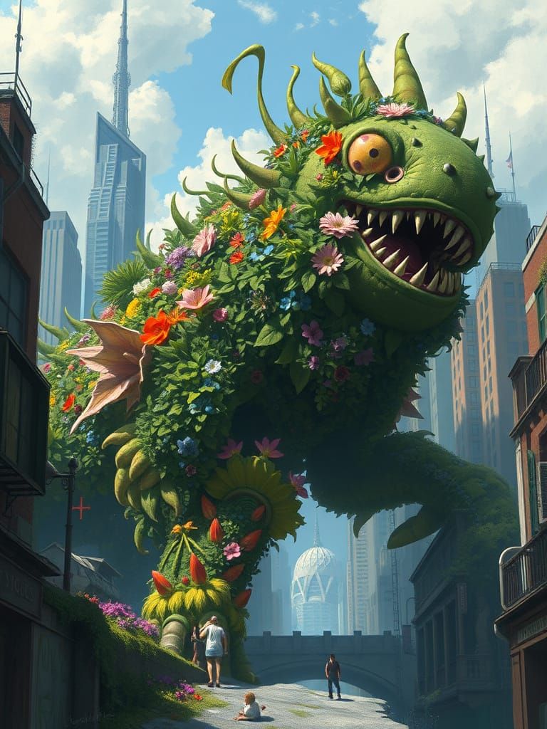 Floral Creature Rampages Through Cityscape: Digital Art