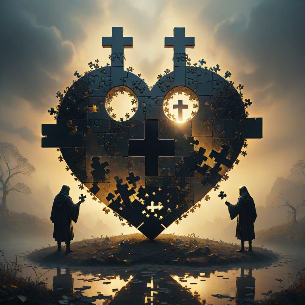 Puzzle Heart with Cross in Matte Painting Style