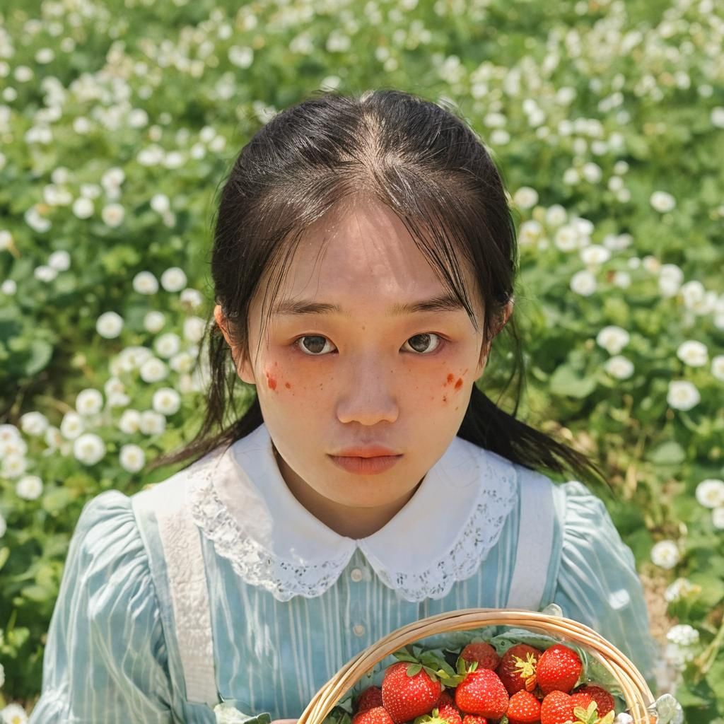 Anime Portrait of Girl with Strawberries in Flower Field