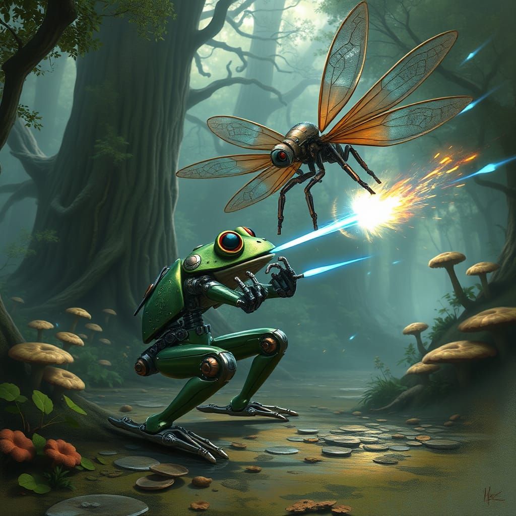 Frog Mech vs Dragonfly Mech in Fantasy World