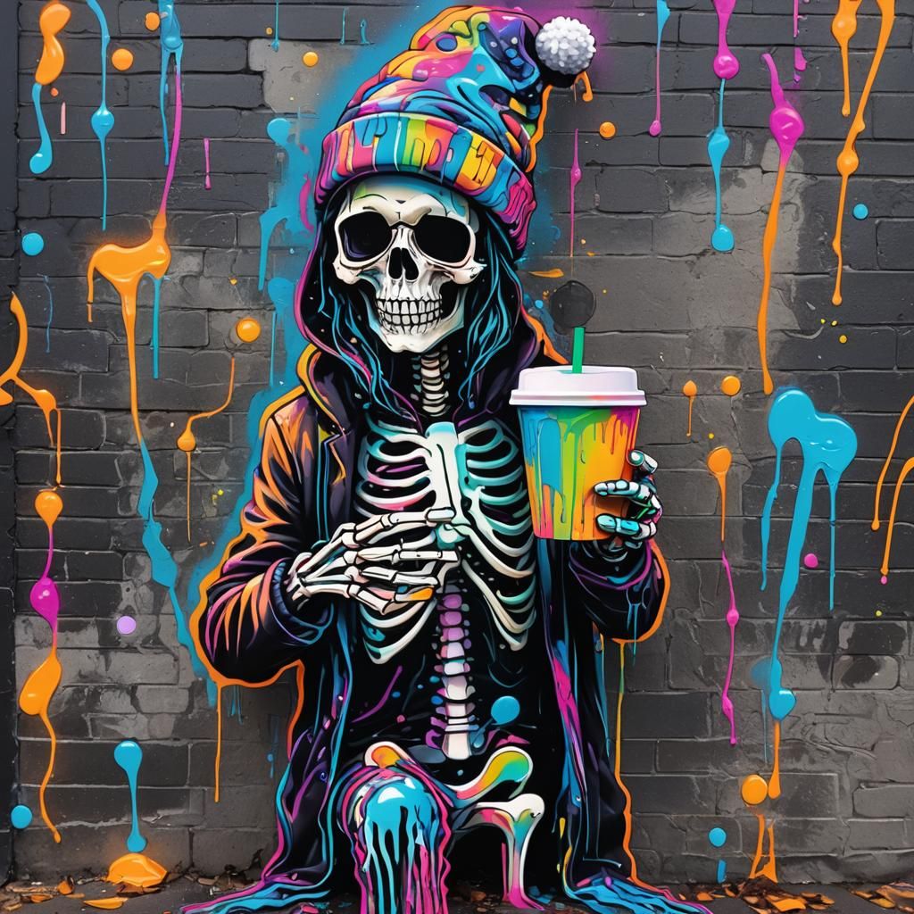 Psychedelic Street Art: Skeleton with Starbucks