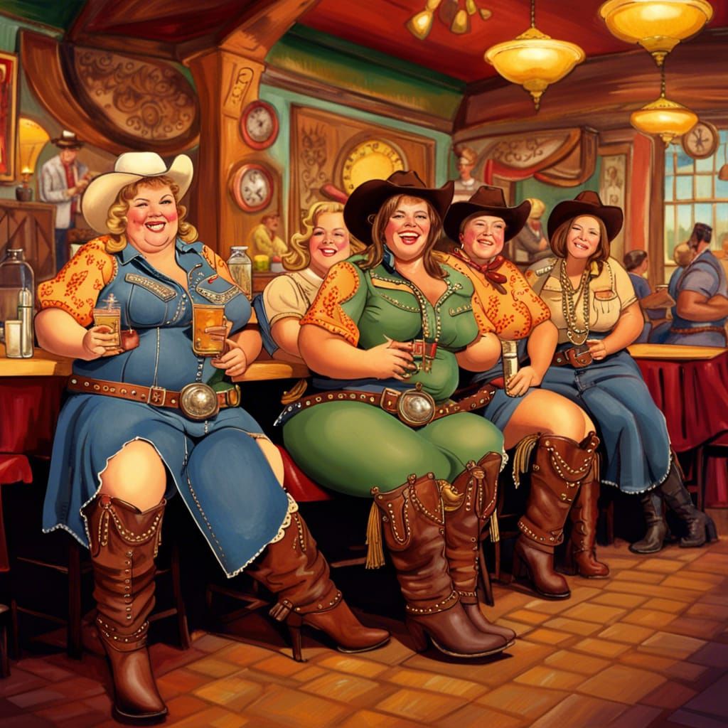 Detailed Western Cowgirls in Restaurant, Digital Art