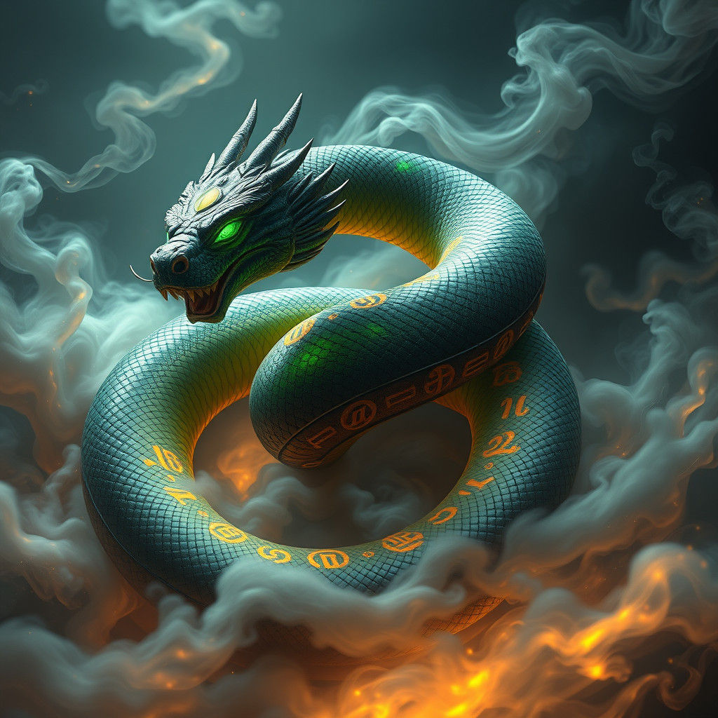 Mystical Serpent Coiled in Swirling Emerald Vapors