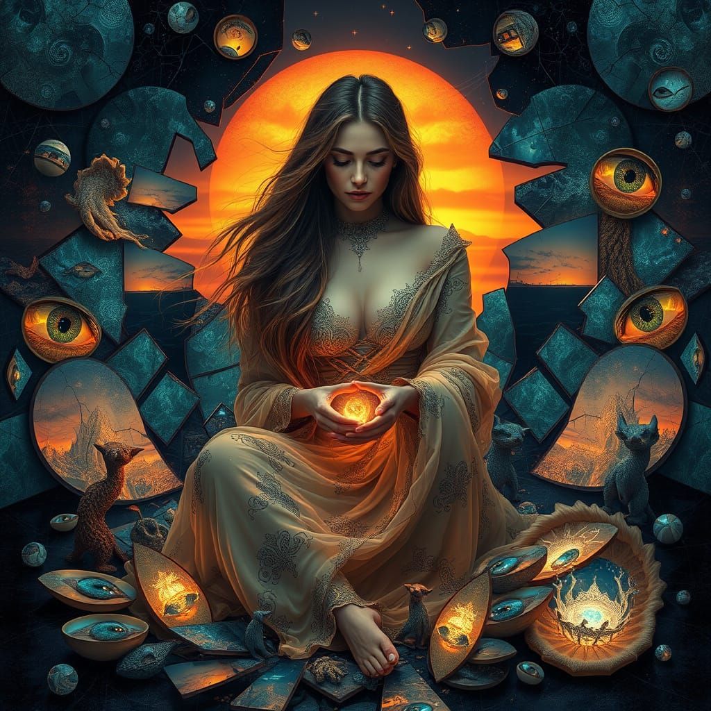 Surreal Woman in Cosmic Dreamscape with Glowing Threads and ...