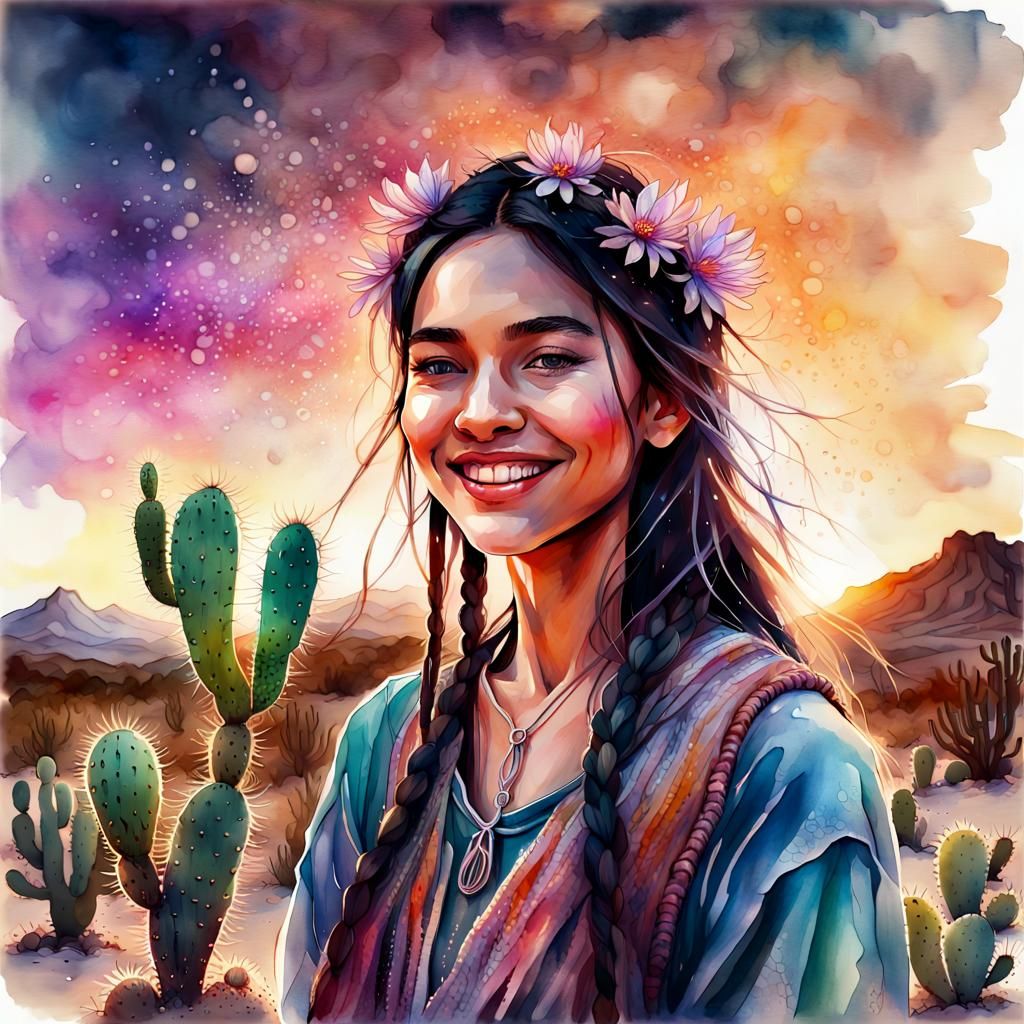 Indigenous Woman with Cactus Flower, Digital Watercolor