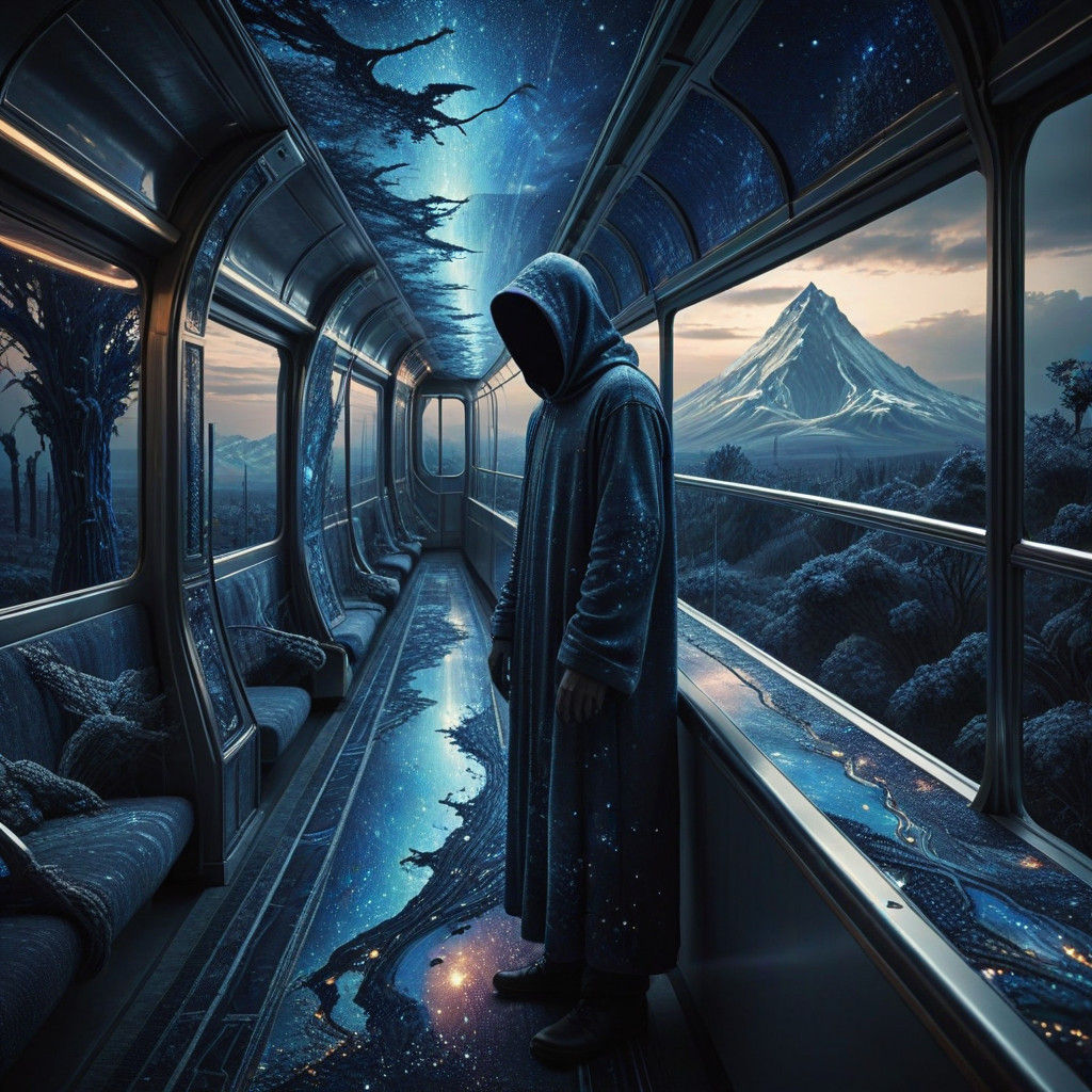 Ethereal Monorail Landscape in Prismatic Pointillism