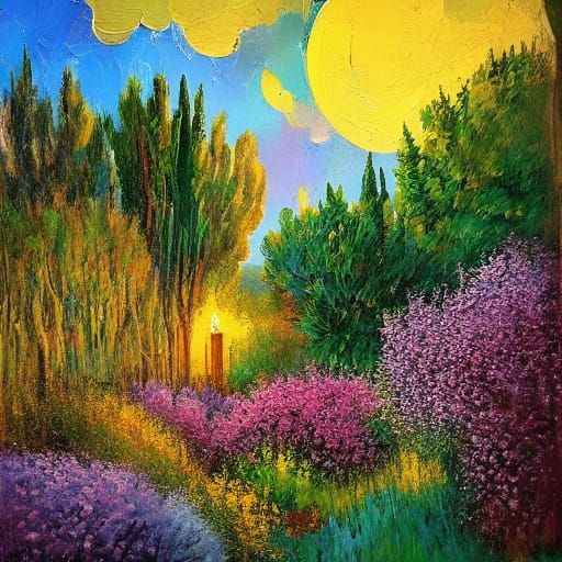 Impressionist Lilac Bush in Vibrant Garden Landscape
