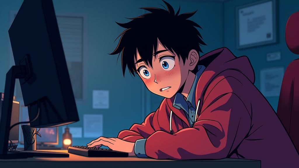 Tired Man at Desk in Anime Style