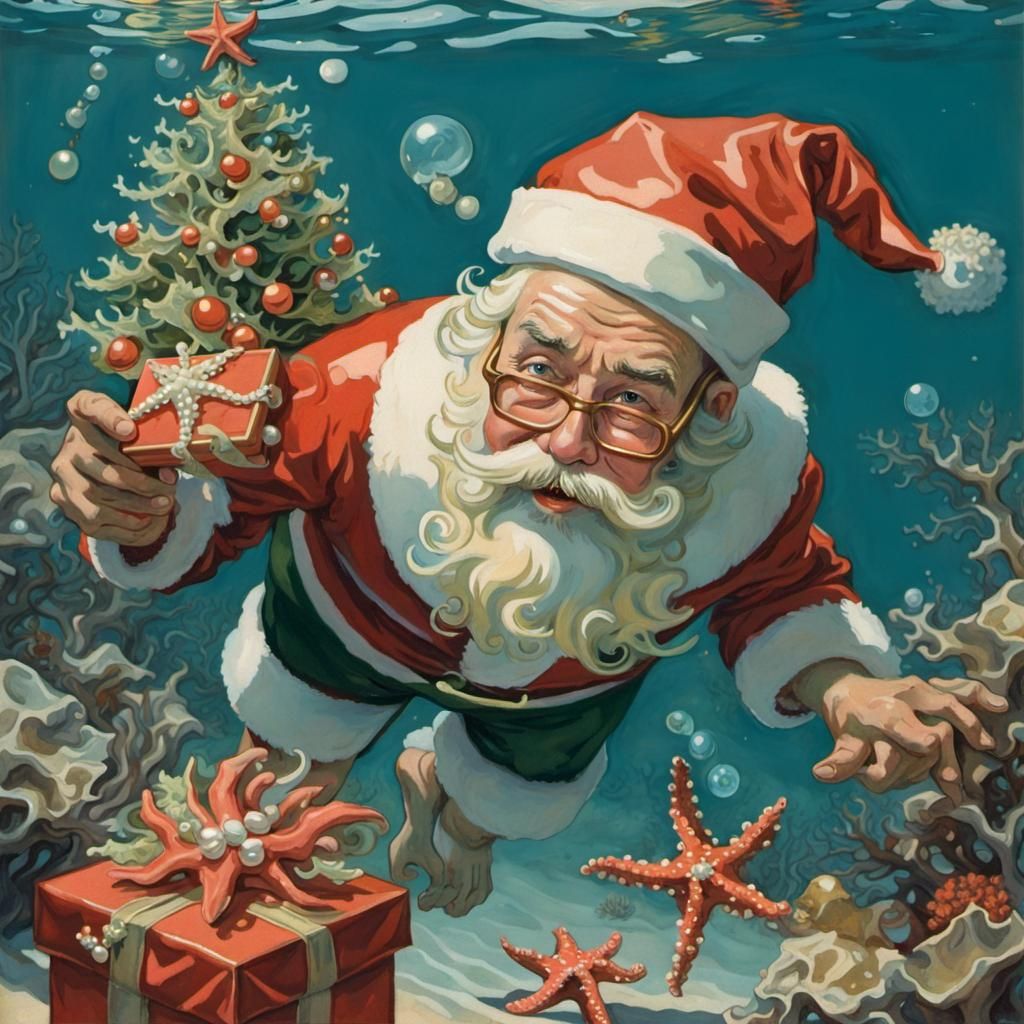 Jolly Snorkeling Santa with Underwater Christmas Tree