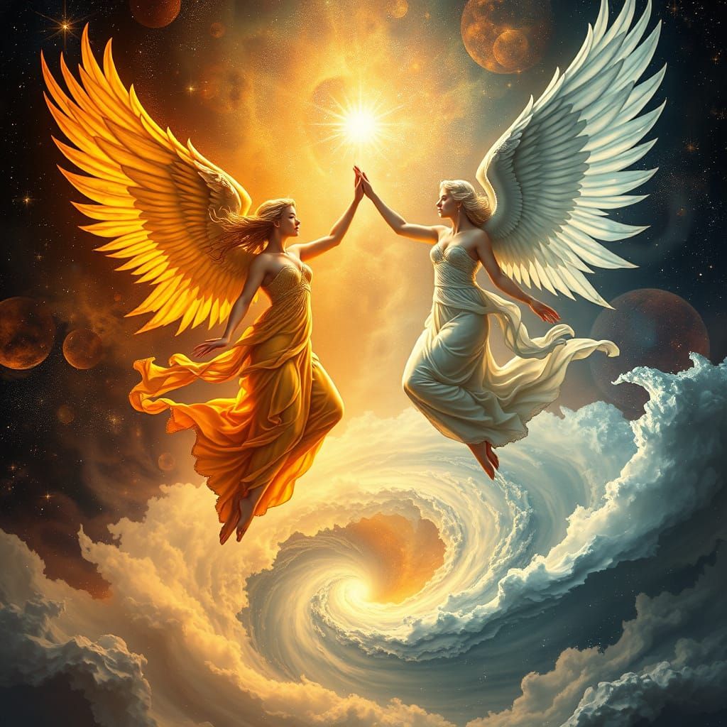 Ethereal Angels Dance Amidst Cosmic Vortex in Art Nouveau St...