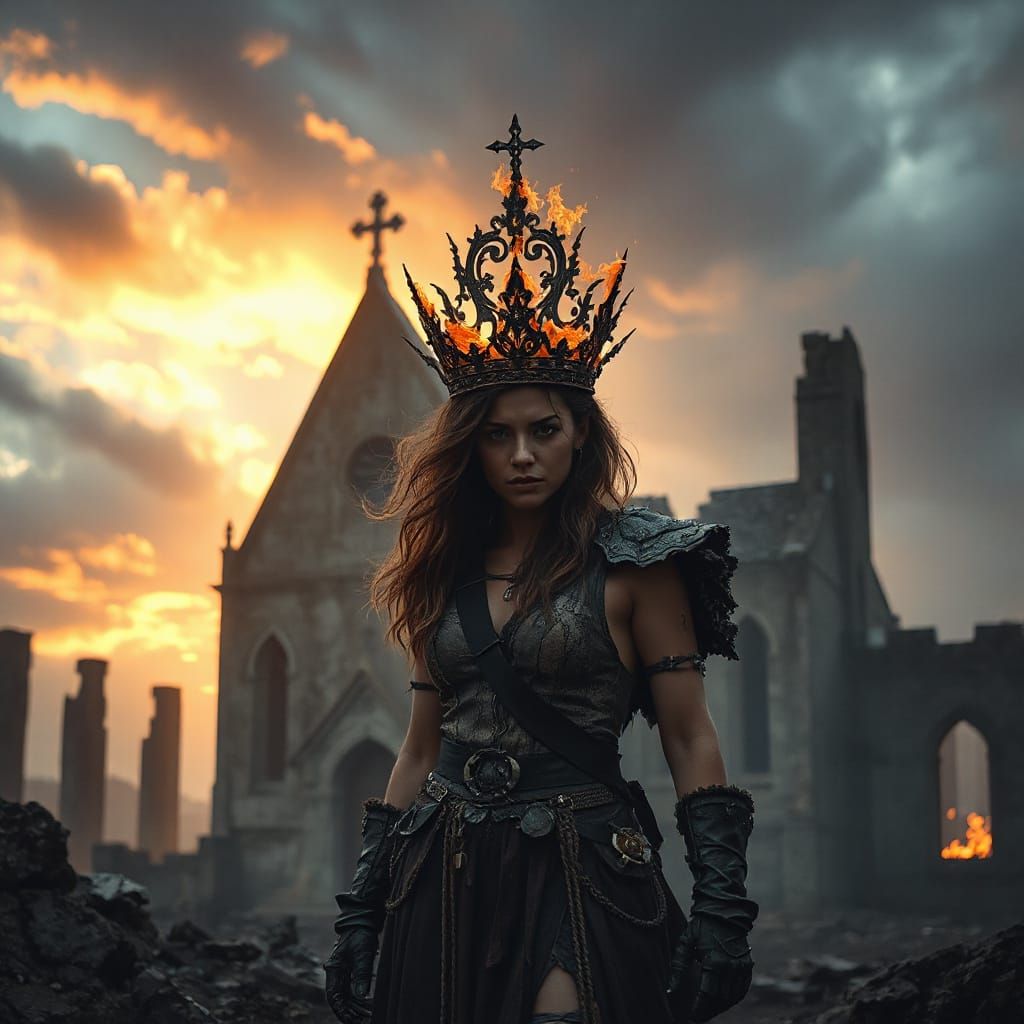 Woman with Ash Crown in Gothic Ruins
