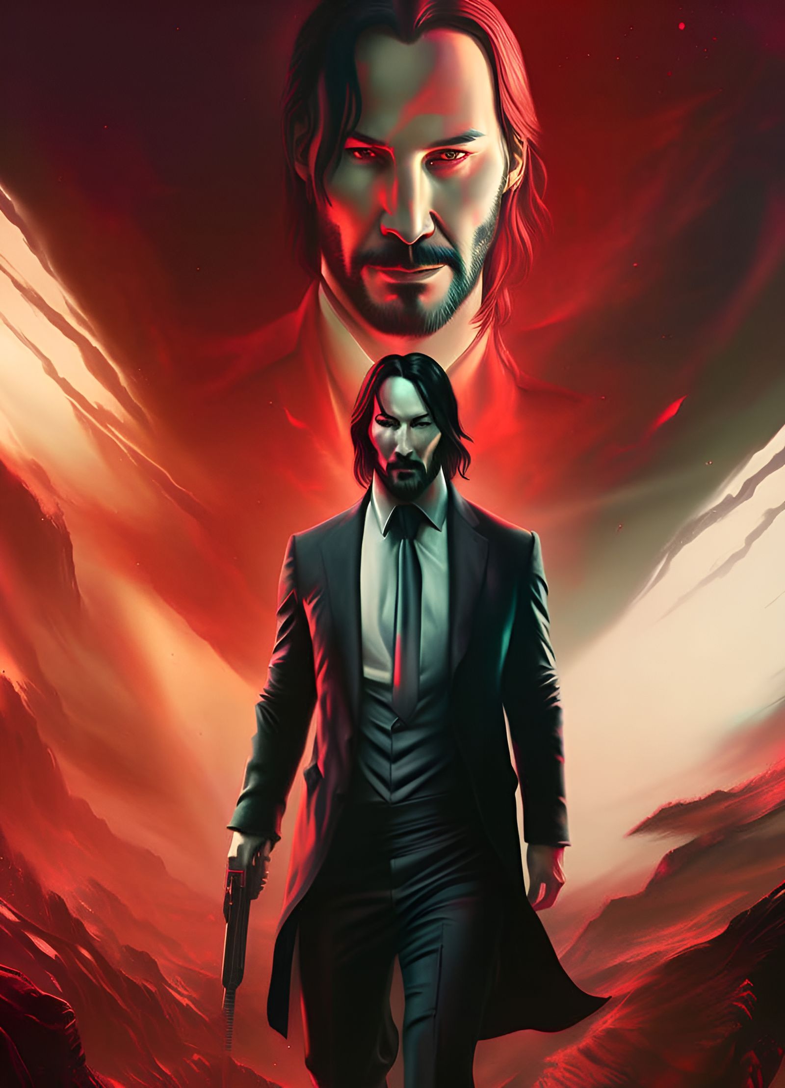 Detailed Portrait in Red and Black Oil Paint Style