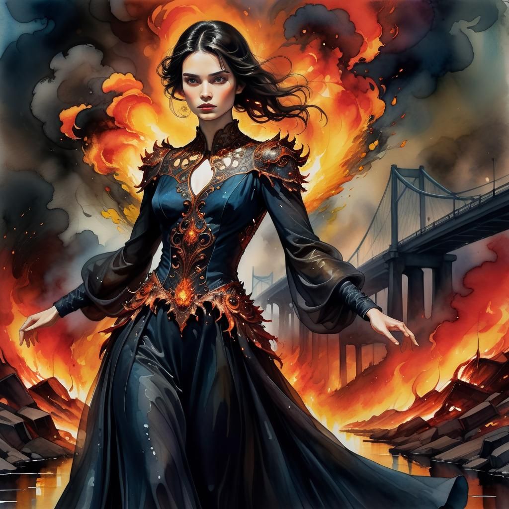 Woman Striding Away From Burning Bridge in Dark Fantasy Styl...