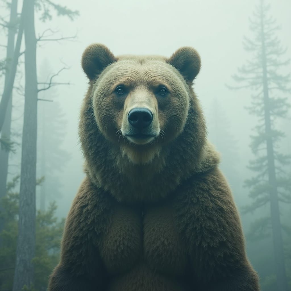Bear in Misty Forest Double Exposure Effect
