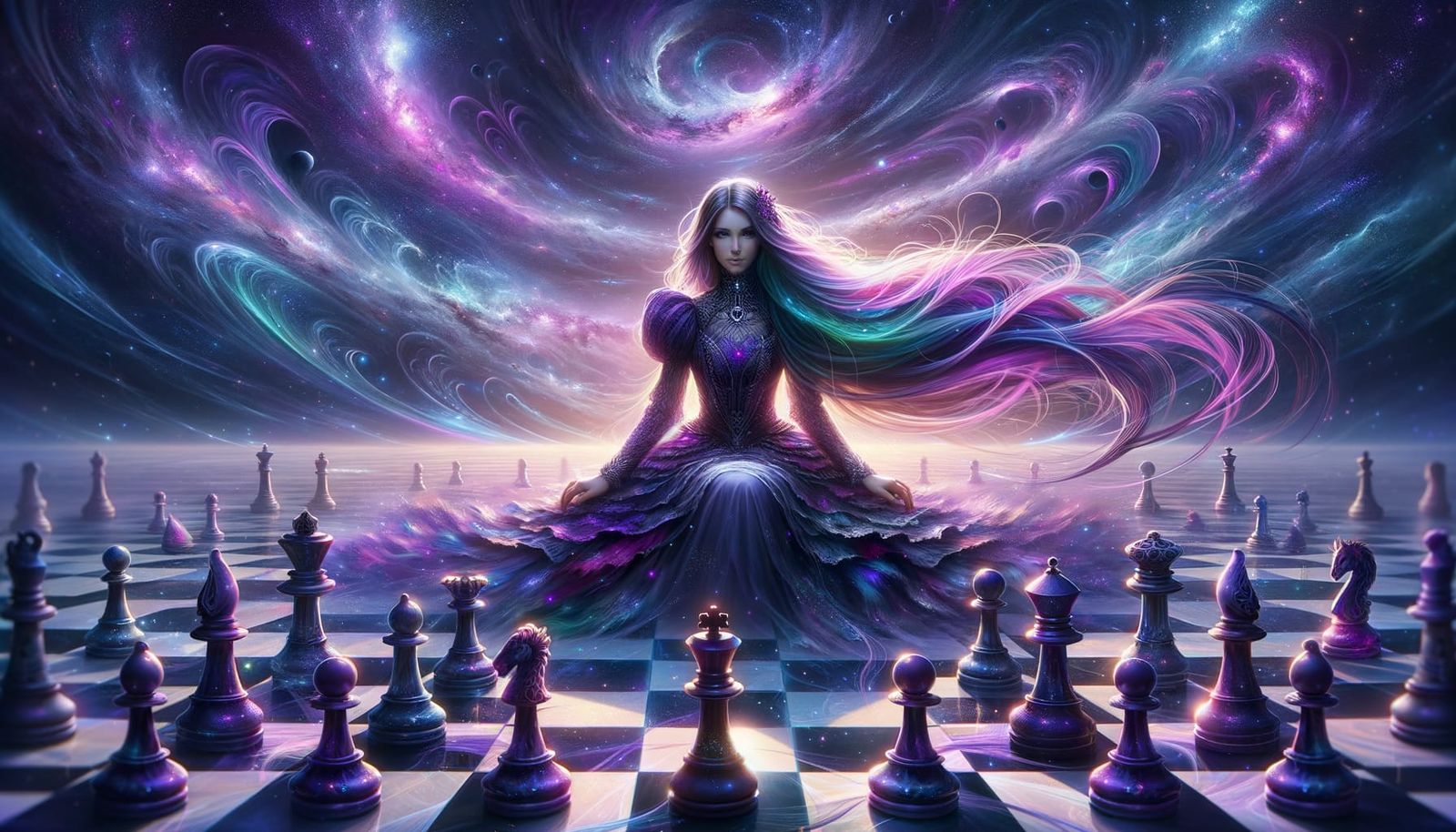 Woman on Floating Chessboard in Cosmic Sky