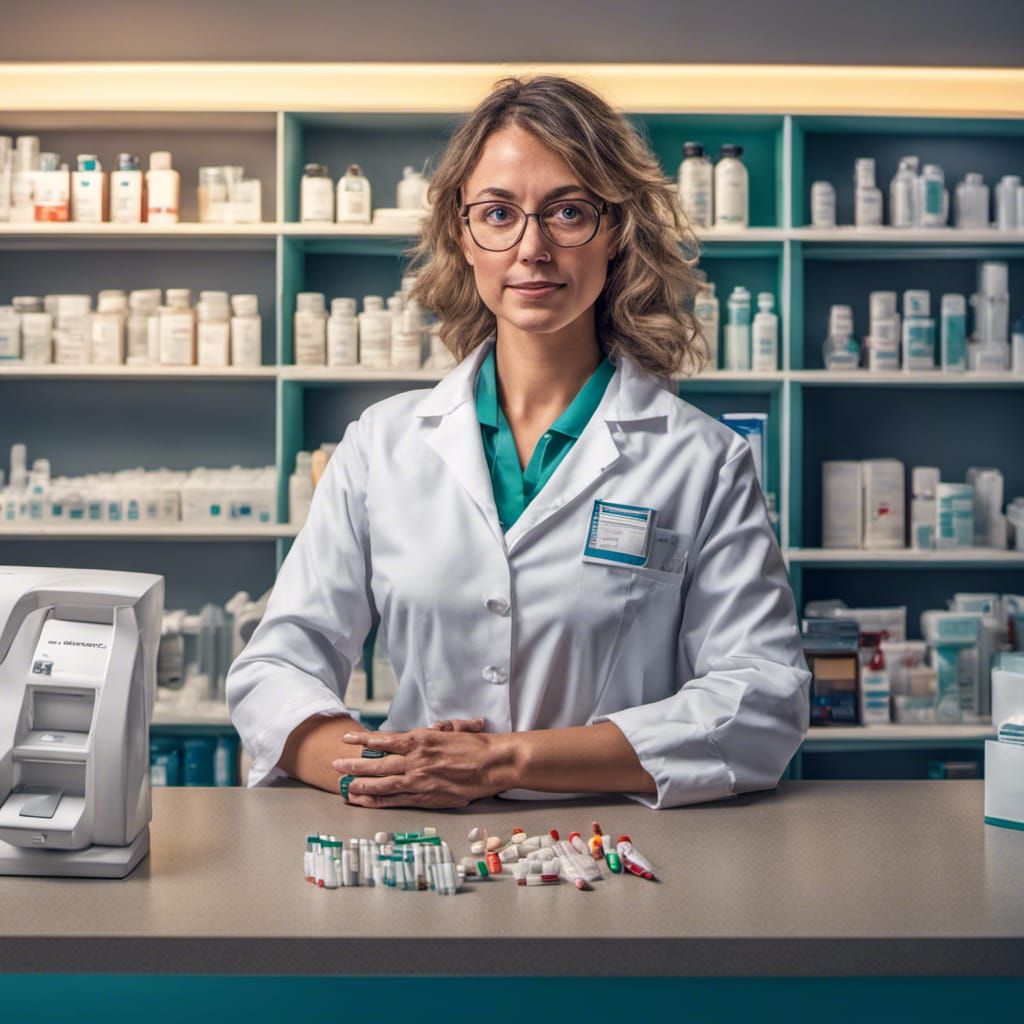 Female Pharmacist at Pharmacy Desk Photo