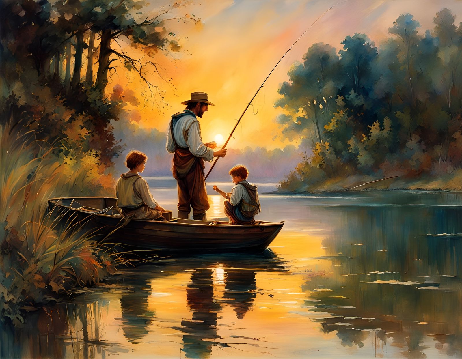 Father and Son Fishing at Sunset: Renaissance Painting