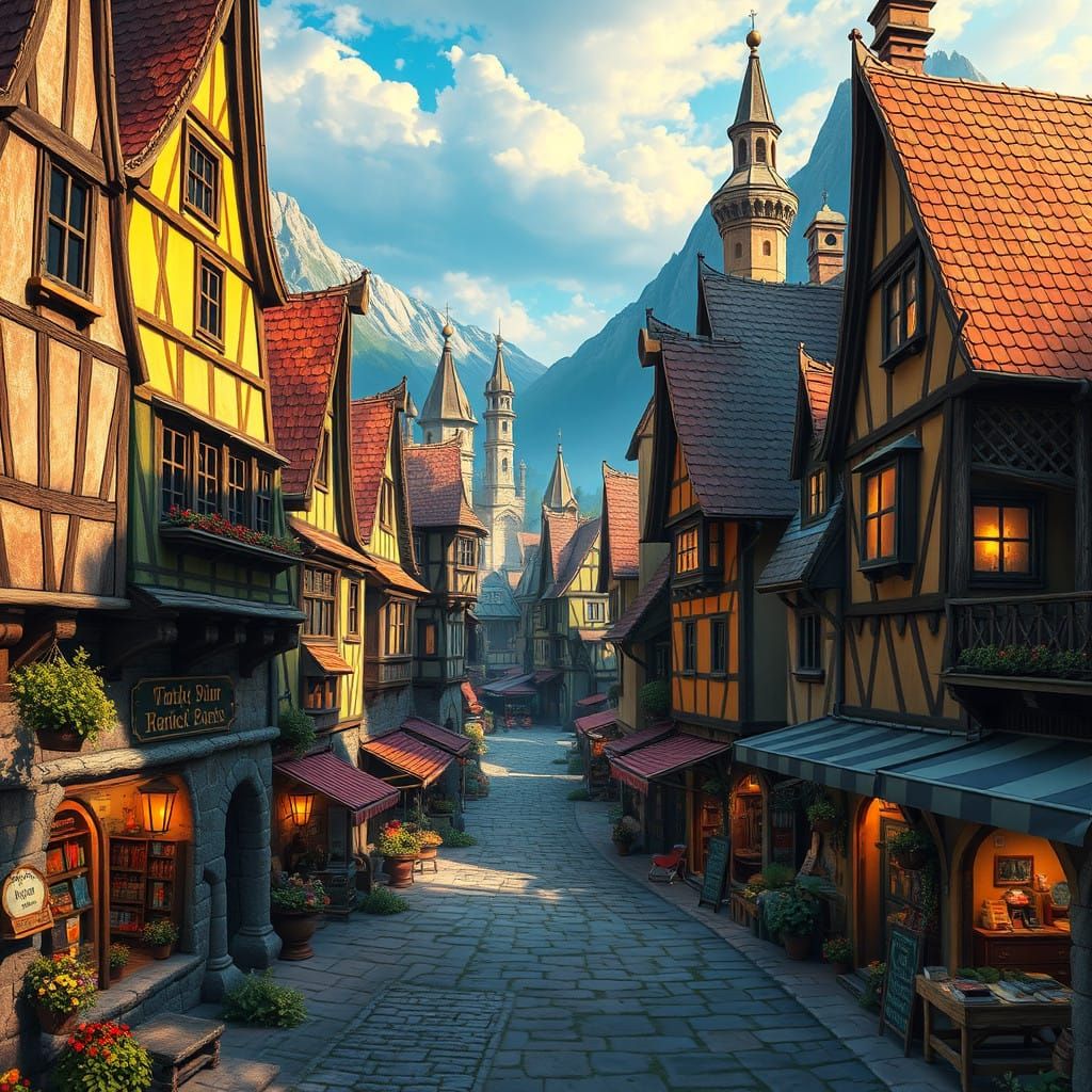 Medieval Village Scene in Whimsical Fantasy Style