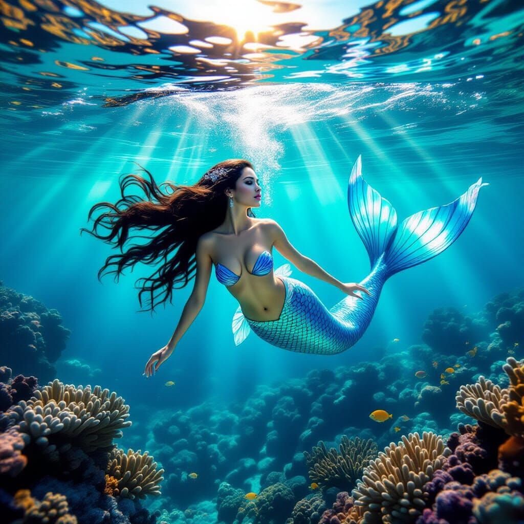 Underwater Mermaid in Coral Reef: Photorealistic Beauty