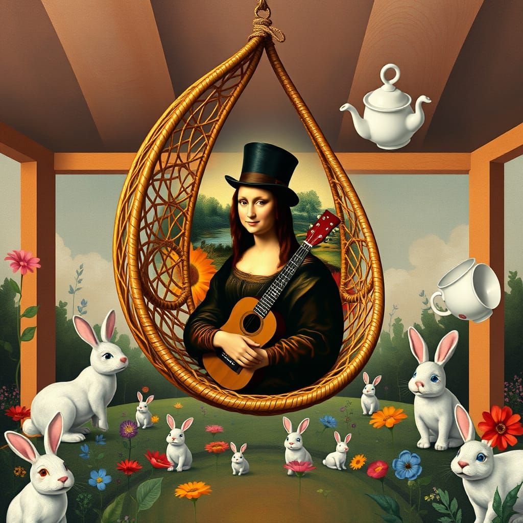 Mona Lisa in Whimsical Rattan Chair Scene