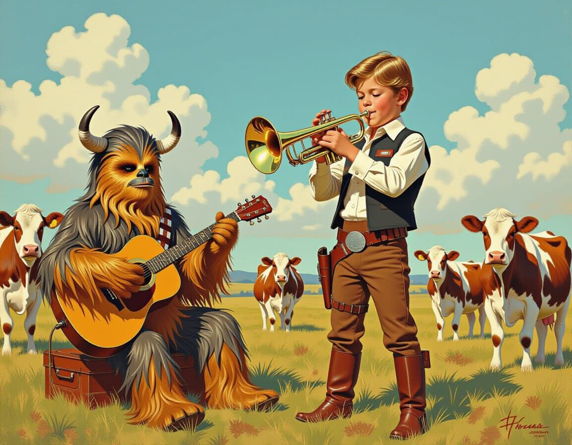 Han Solo Boy Serenades Cows in Retro Illustration