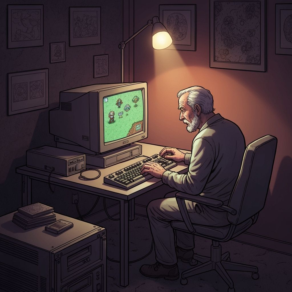 Elder Gamer in Sinister Comic Art Style