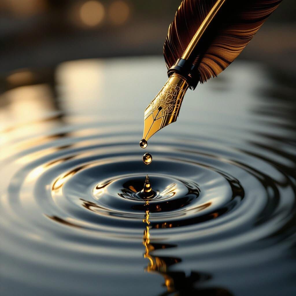 Hyperrealistic Gold Quill Dropping Ink Creates Ripples