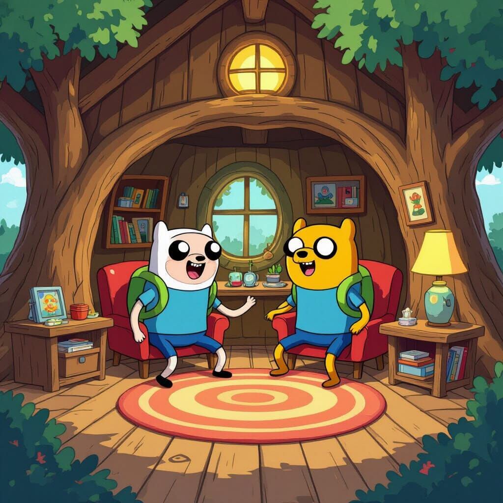 Finn and Jake in Treehouse - Vibrant Cartoon Style