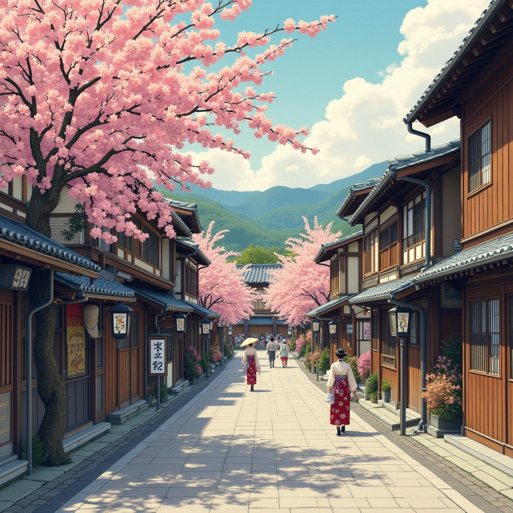 Takayama Old Town Spring in Ukiyo-e Style