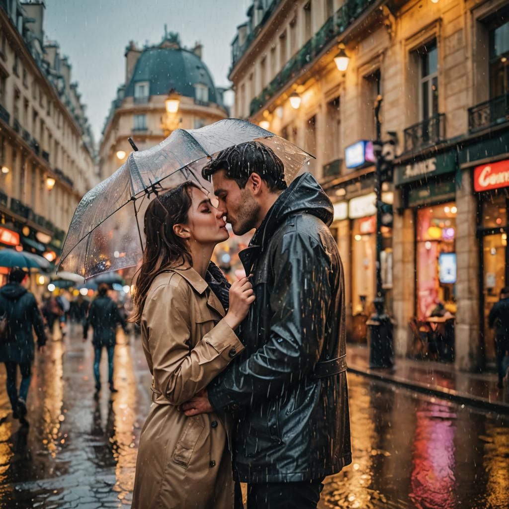 Romantic Couple Kissing in Rainy Paris: Splash Art