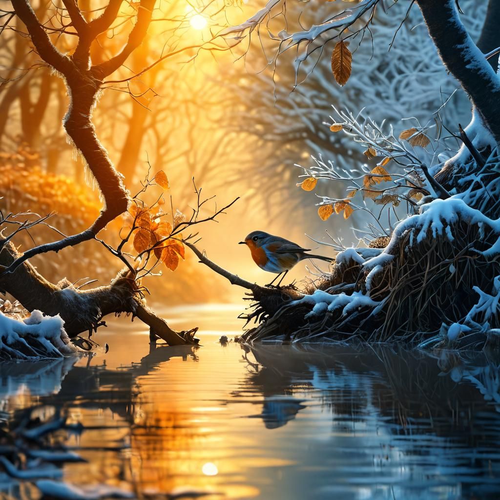 olpntng style, close up robin on a branch winter riverbank
Landscape forest with, photorealistic, old trees, beautiful l...