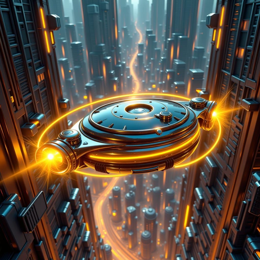 Gleaming Chrome Roomba Floats in Neon Cityscape