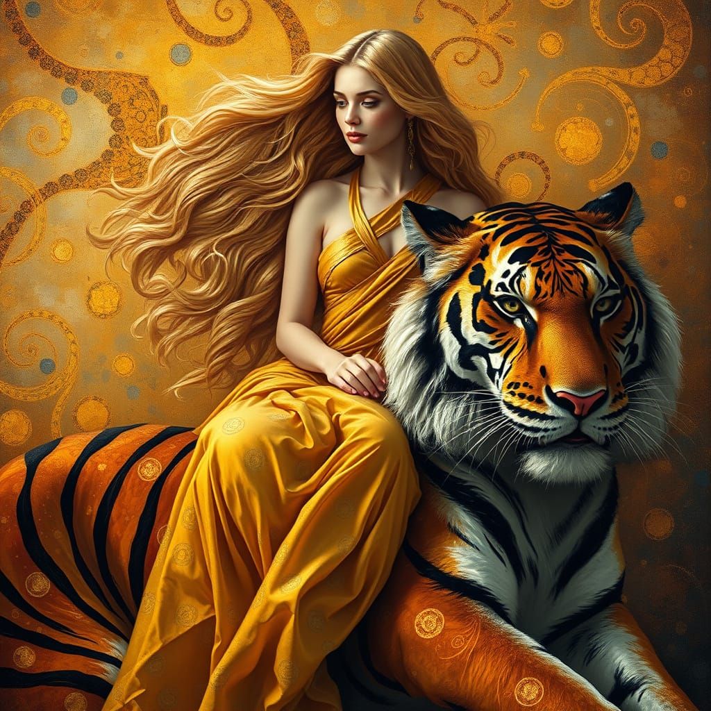 Golden Goddess Seated Majestically on Tiger in Vibrant, Impa...