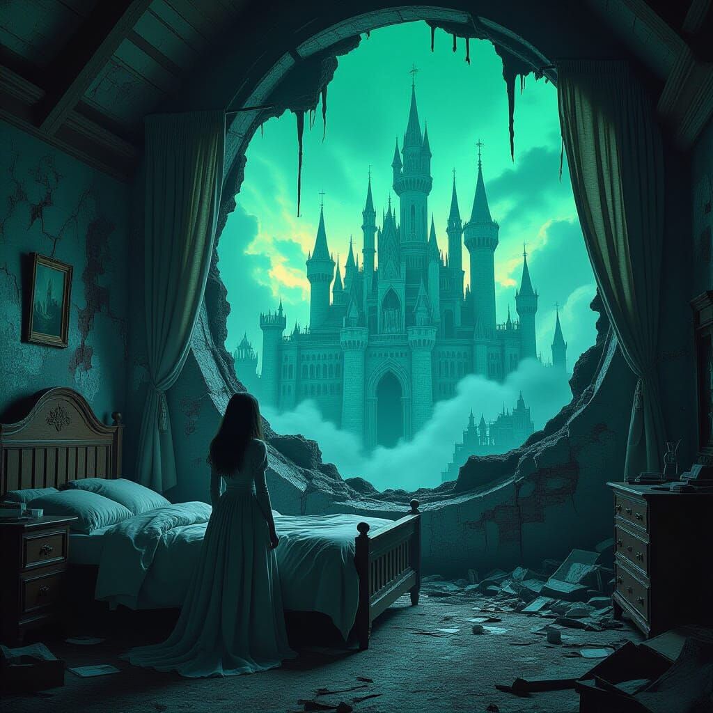 Woman in Bedroom with Mystical Castle Portal