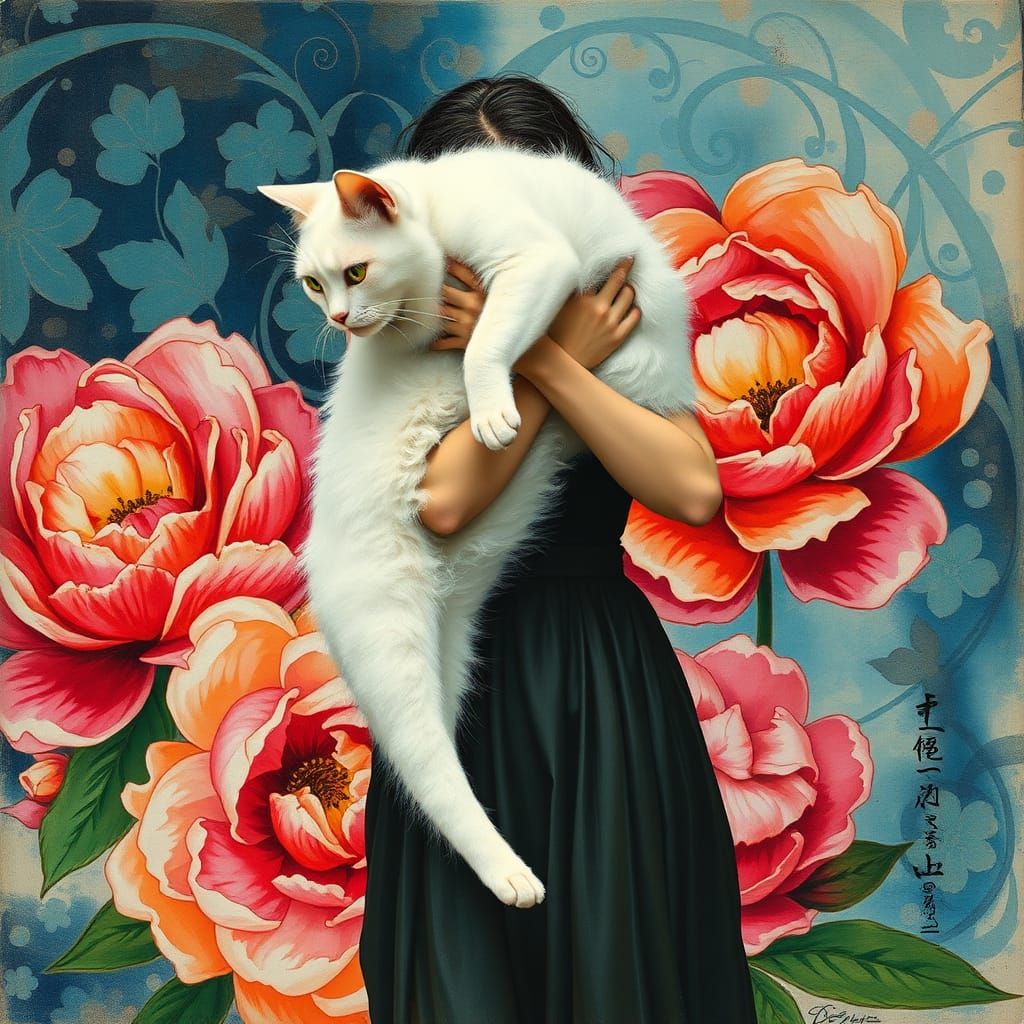 Woman with White Cat and Alcohol Ink Peonies