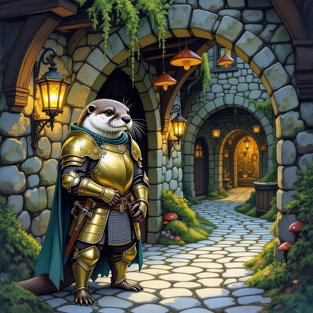 Otter Knight in Brass Armor Guards Fantasy Tavern