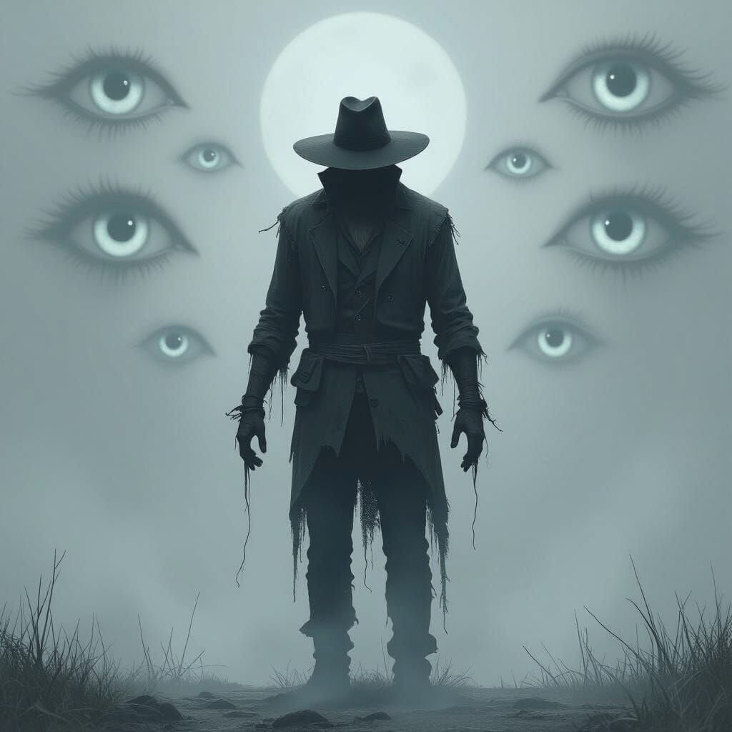 Ominous Scarecrow Figure in Mist, Digital Art