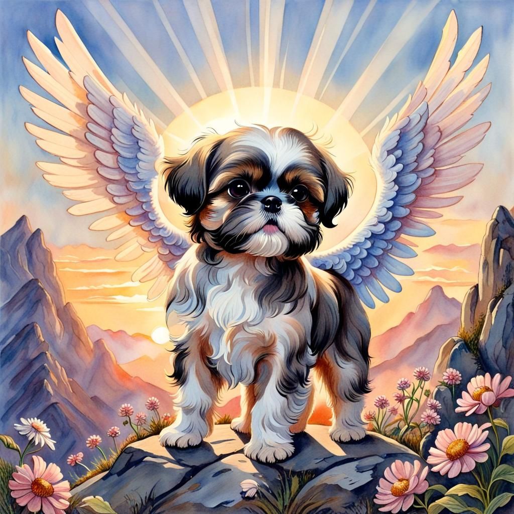 Angel Shih Tzu Puppy on Mountaintop, Watercolor Illustration