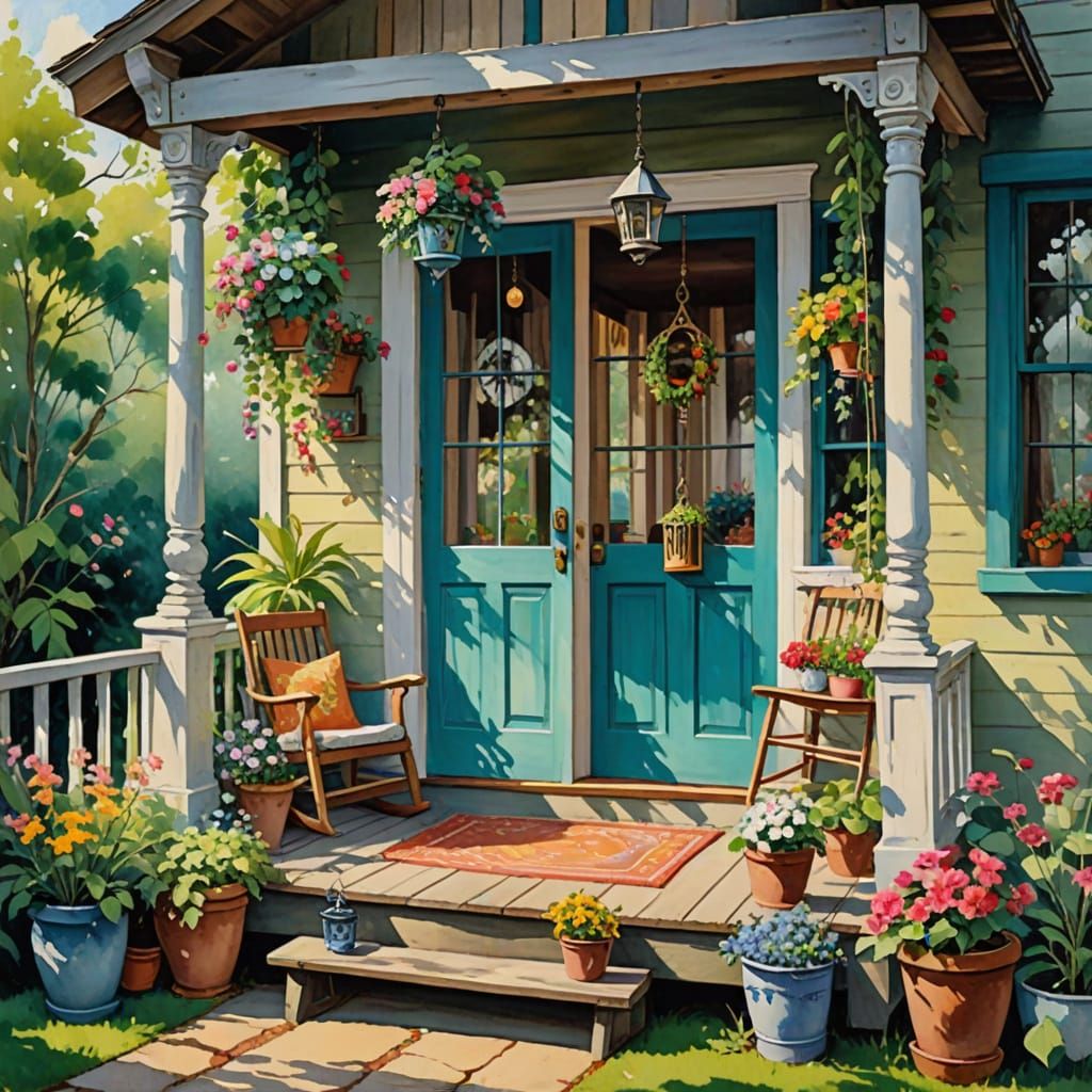 Bohemian Cottage Porch in Vibrant Gouache